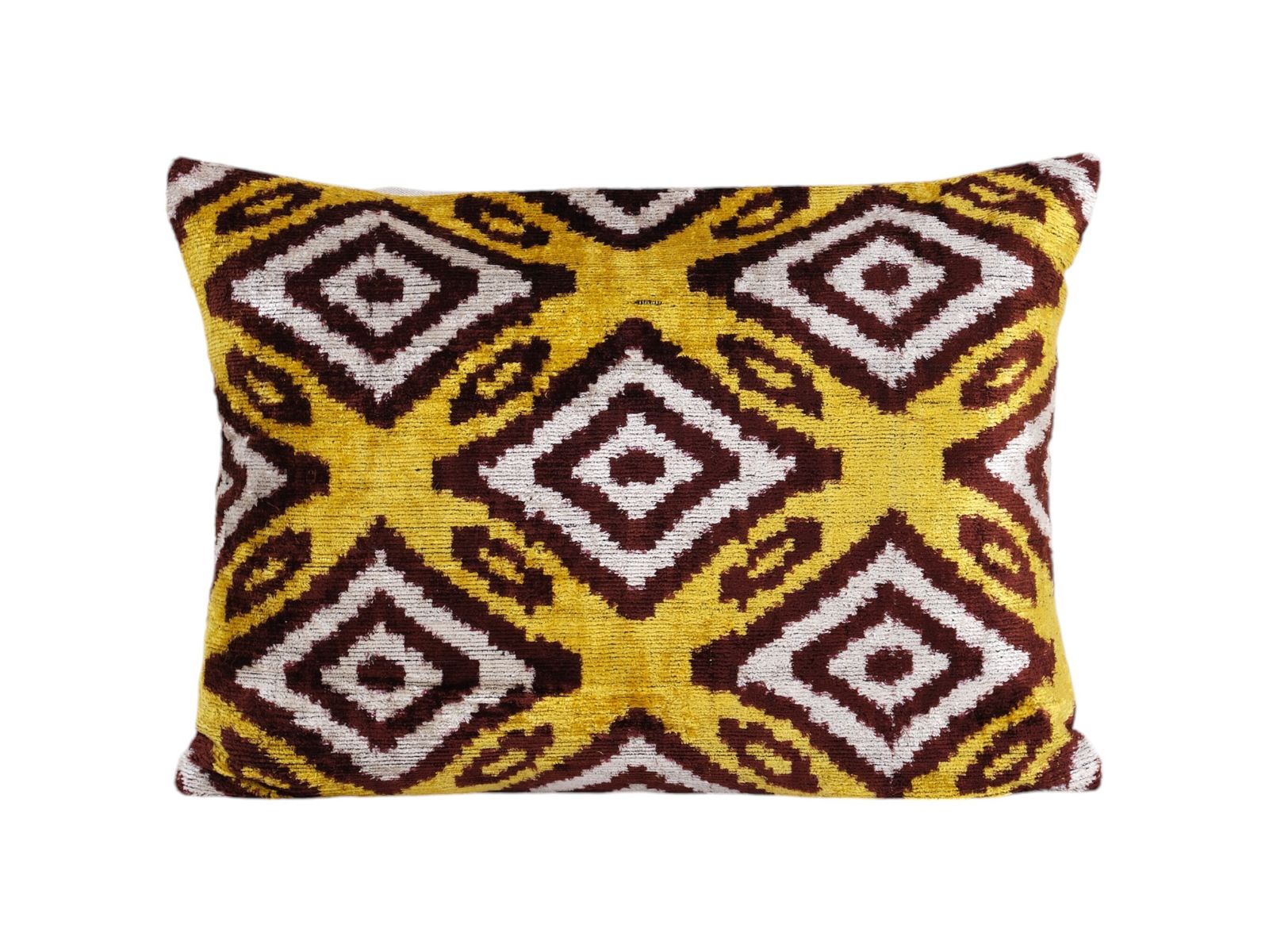 Silk Ikat Velvet Pillow Cover – Yellow And Burgundy Geometric Pattern – Turkish Bohemian Accent Cushion