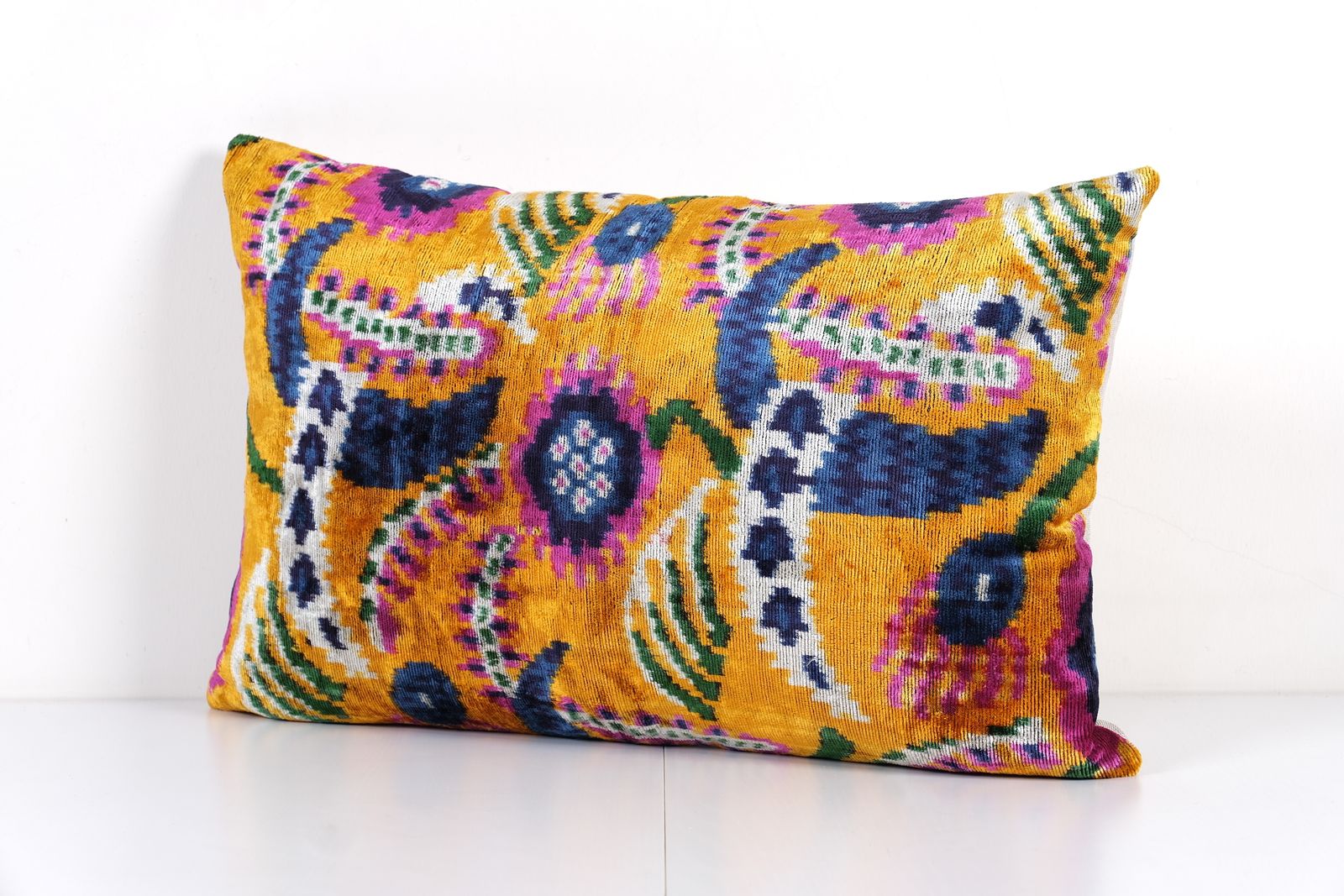 Ikat Velvet And Silk Pillow Cover   Orange And Blue Bohemian Decorative Lumbar Cushion Cover photo for sale