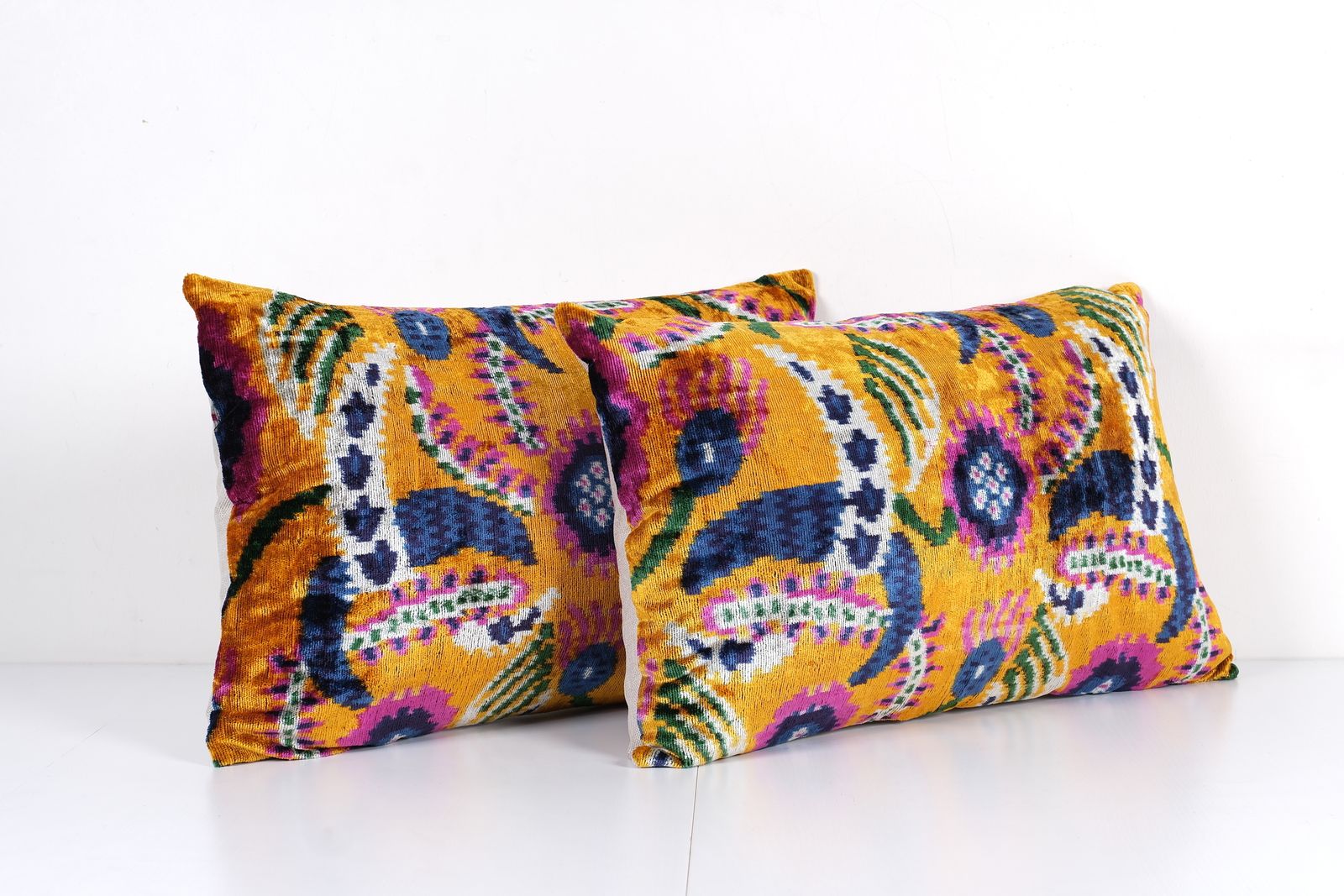 Orange Velvet Ikat Cushion   Pair Silk Floral Lumbar Pillow Cover photo for sale