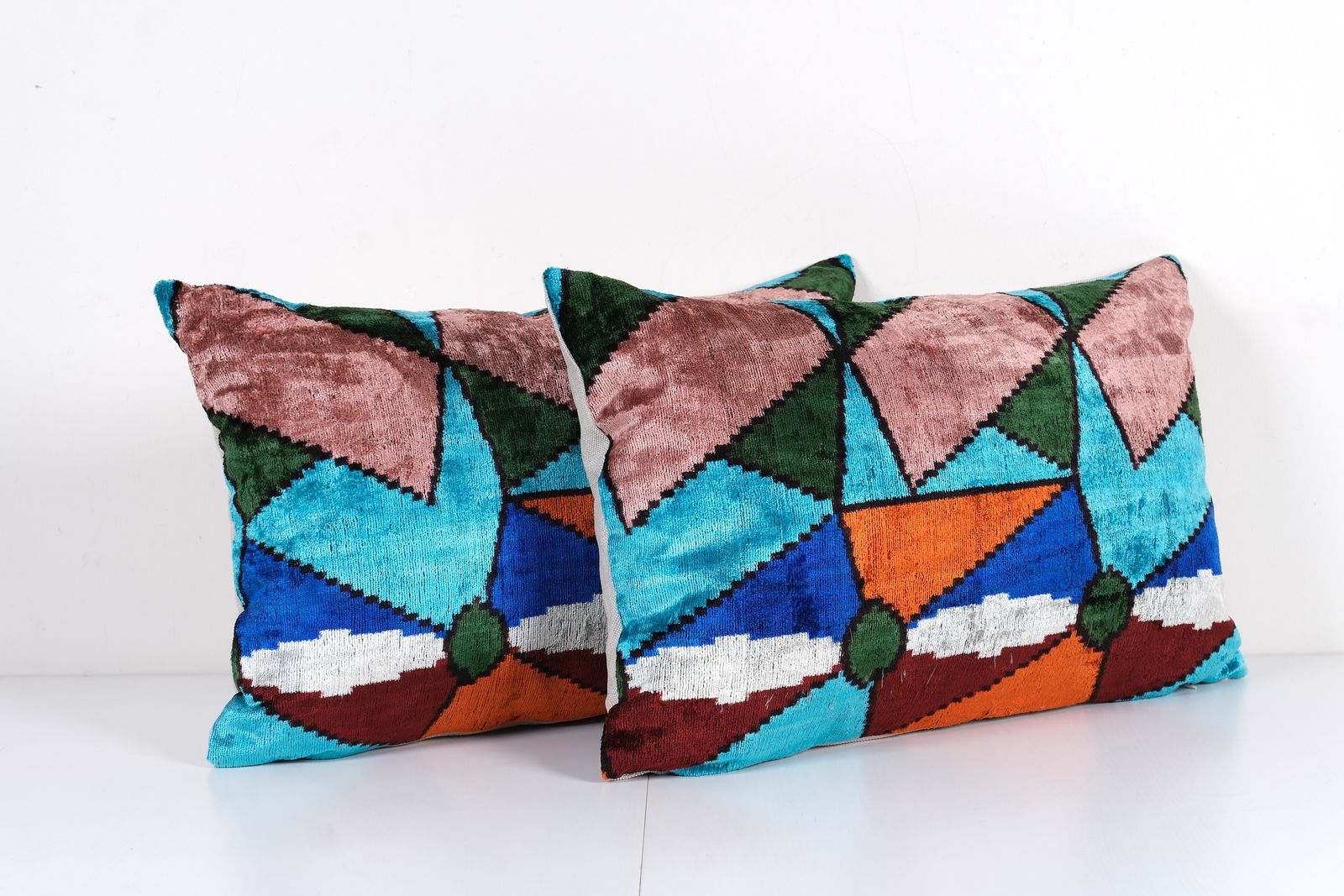 Geometric Silk Velvet Pillow Cover – Set Of Two Blue, Orange, And Pink Pattern Cushion Cover photo Textiles