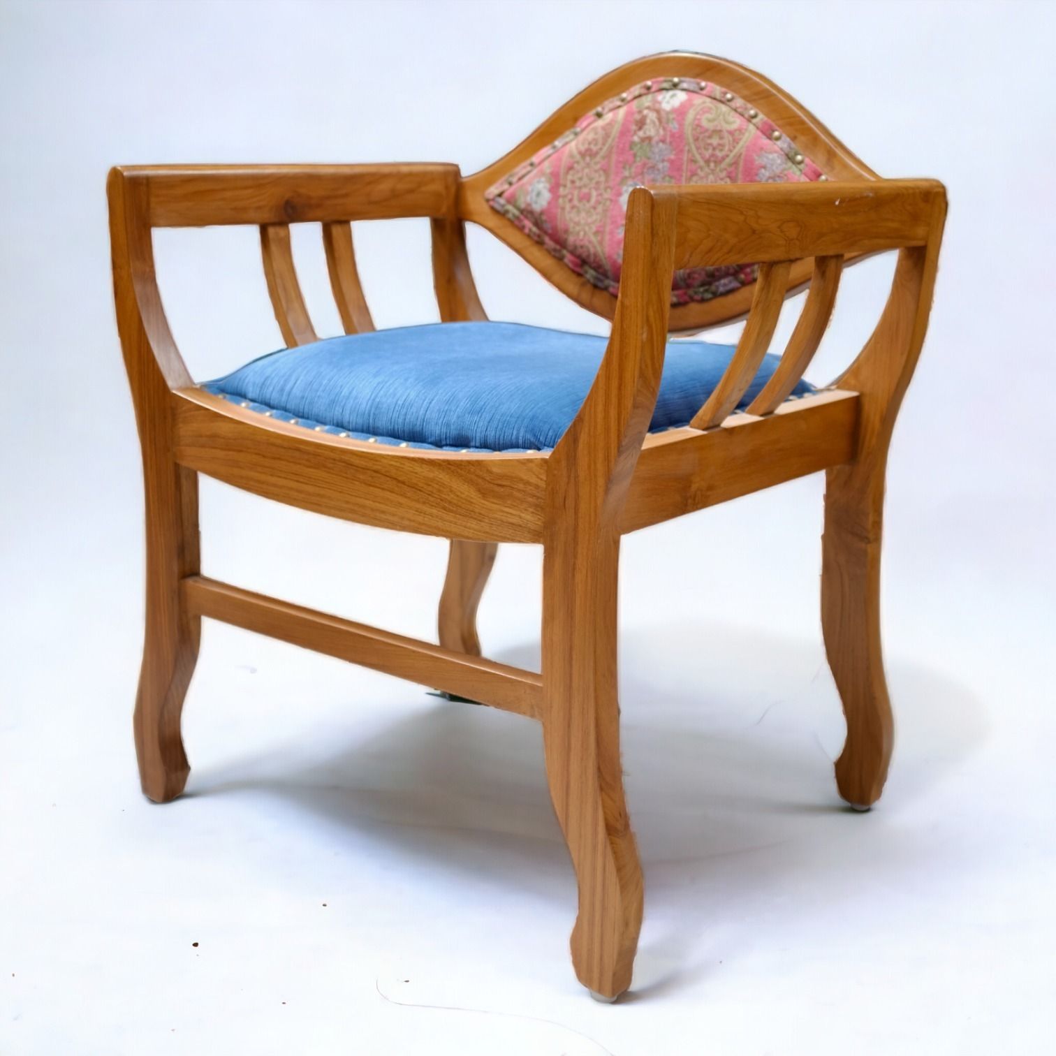 Pair Of Vintage Indian Teakwood Armchairs | Late 20th Century Style | Lotus Backrest & Regal Upholstery photo vinterior