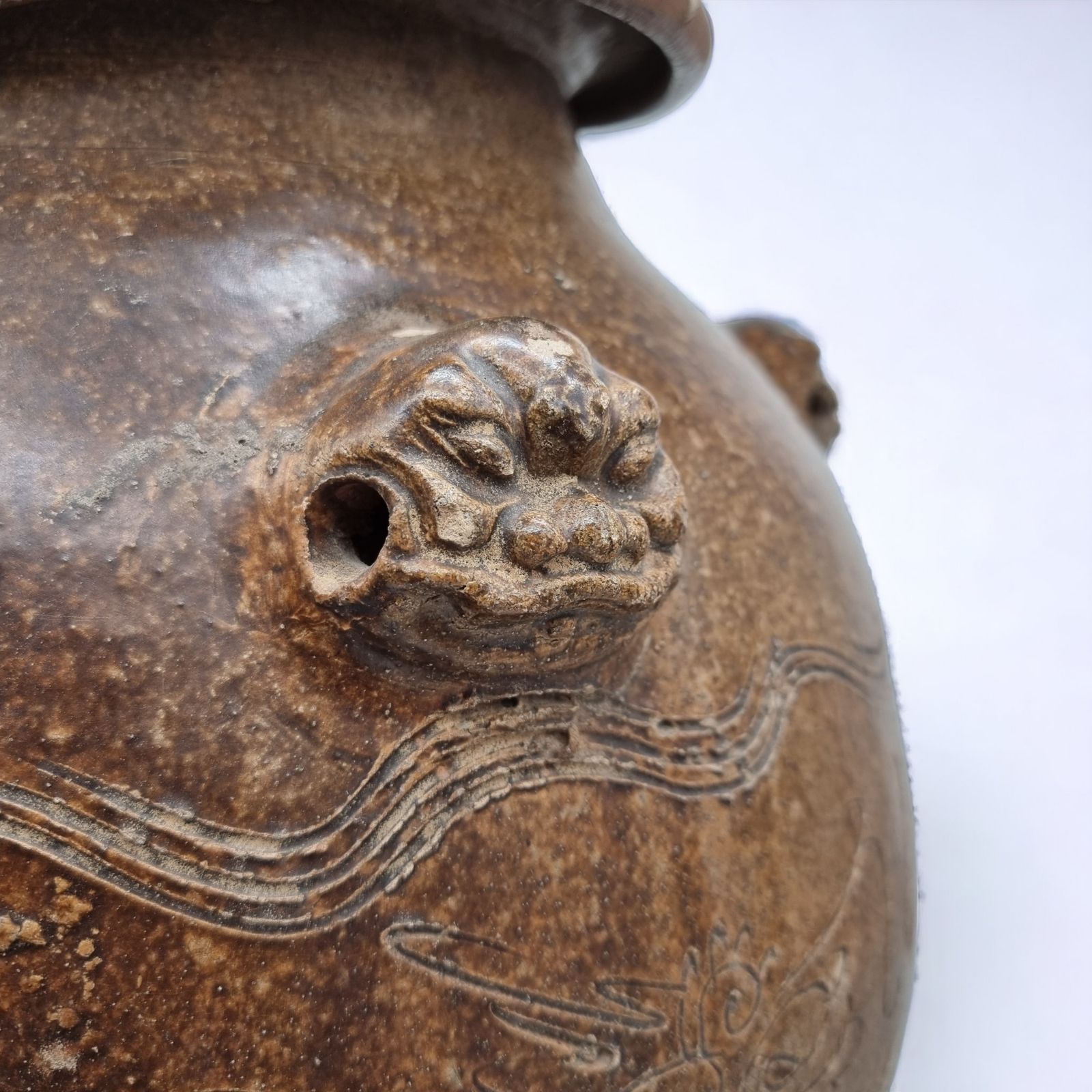 Antique 18th Century Chinese Martaban Jar | Brown Glazed Ceramic Storage Vessel With Dragon Head Handles & Engraved Motifs photo for sale