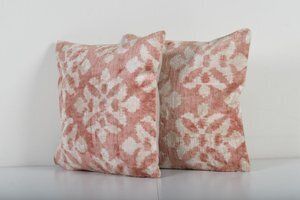 Handwoven Dusty Pink Ikat Cushions   Set Of Two Floral Velvet Pillows For Sophisticated Decor photo for sale