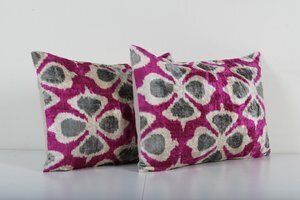 Handwoven Silk Velvet Cushion   Set Of Two Fuchsia Ikat Pillow Covers For Bedroom photo for sale