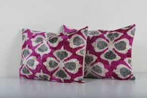 Handwoven Silk Velvet Cushion   Set Of Two Fuchsia Ikat Pillow Covers For Bedroom photo Textiles