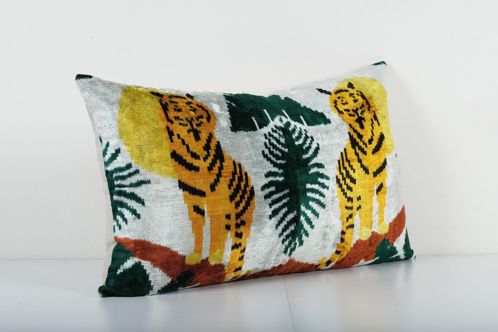 Silk Tiger Ikat Bedding Velvet Pillow, Yellow Animal Pattern Ethnic Cushion, Handloom Ethnic Pillow Cover photo for sale