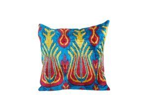 Square Blue Boho Velvet Silk Ikat Velvet Pillow   Red And Yellow Tulip Design Cushion