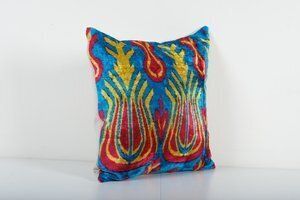 Square Blue Boho Velvet Silk Ikat Velvet Pillow   Red And Yellow Tulip Design Cushion photo for sale
