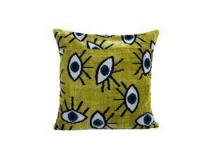 Silk Ikat Eye Velvet Pillow Cover   Handloom Chartreuse Green Velvet Lumbar Pillow Cover   Uzbek Cushion Cover