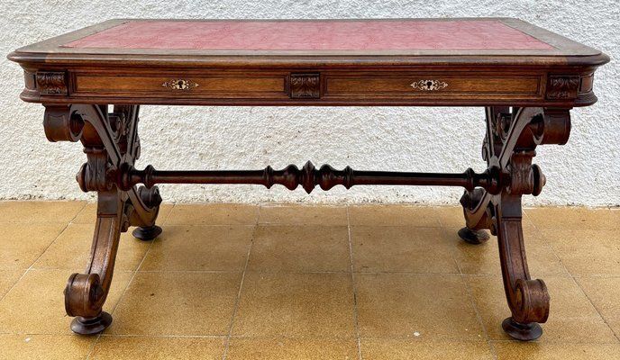 19th Century Spanish Carved Walnut Desk With Two Drawers & Strong Legs, 1890s photo furniture
