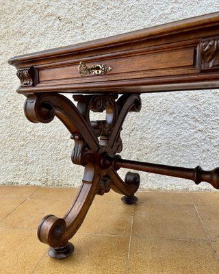 19th Century Spanish Carved Walnut Desk With Two Drawers & Strong Legs, 1890s photo vinterior