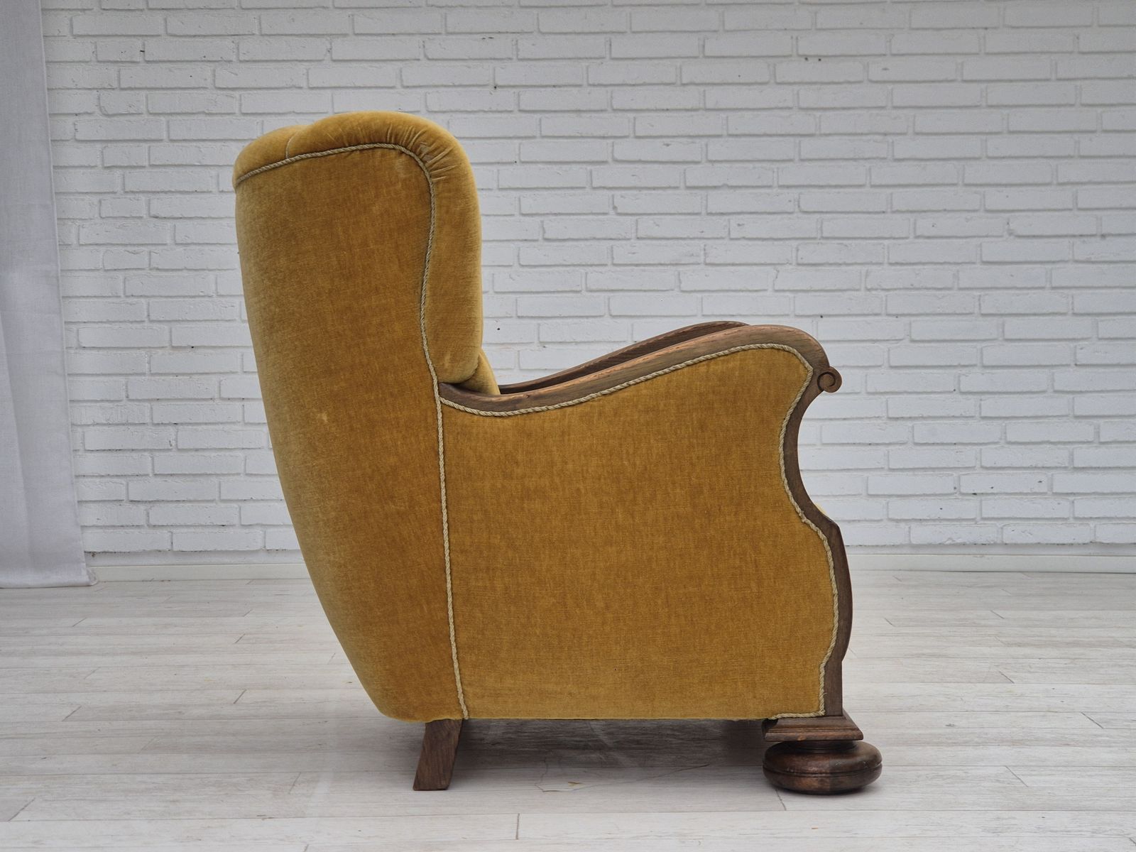 1960s, Danish Relax Armchair, Yellow Honning Furniture Velour, Oak Wood, Original. photo for sale