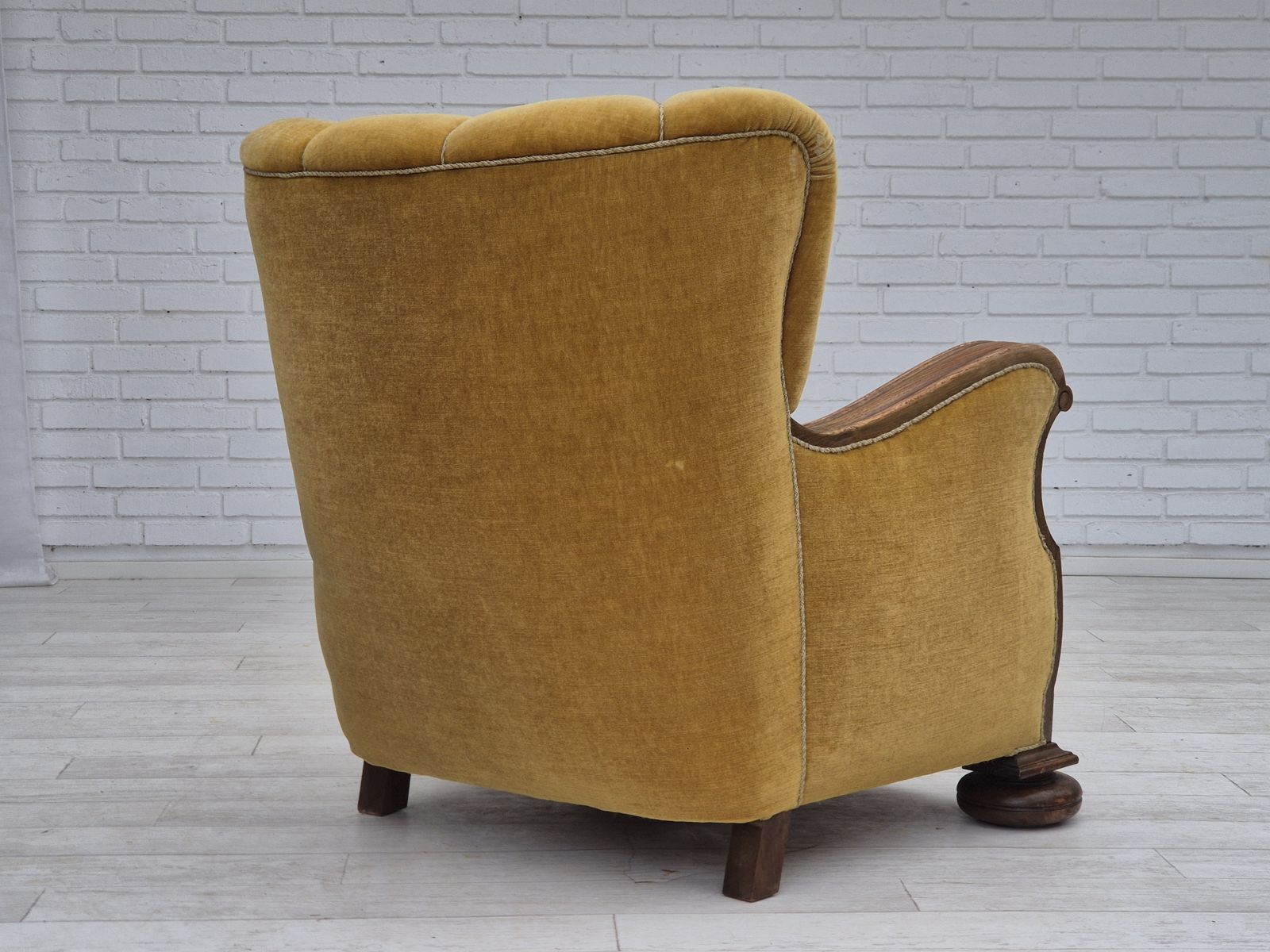 1960s, Danish Relax Armchair, Yellow Honning Furniture Velour, Oak Wood, Original. photo Furniture