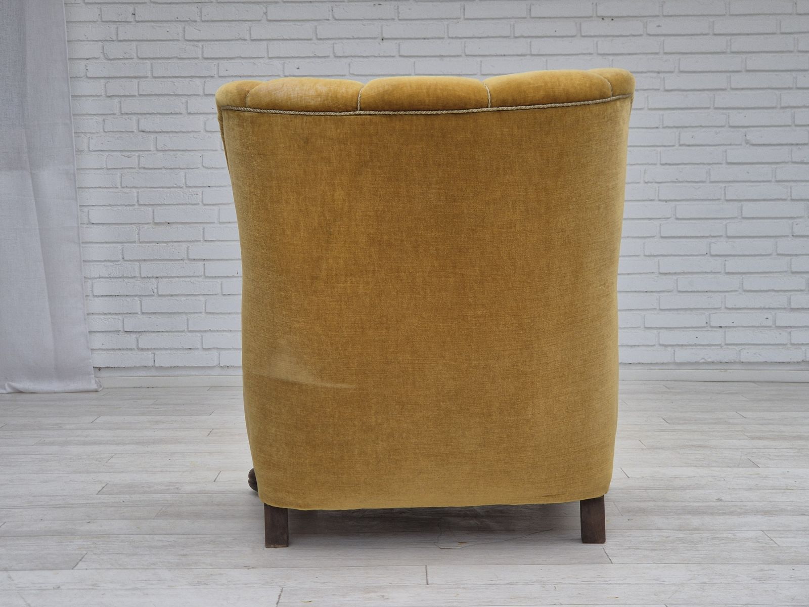 1960s, Danish Relax Armchair, Yellow Honning Furniture Velour, Oak Wood, Original. photo buy
