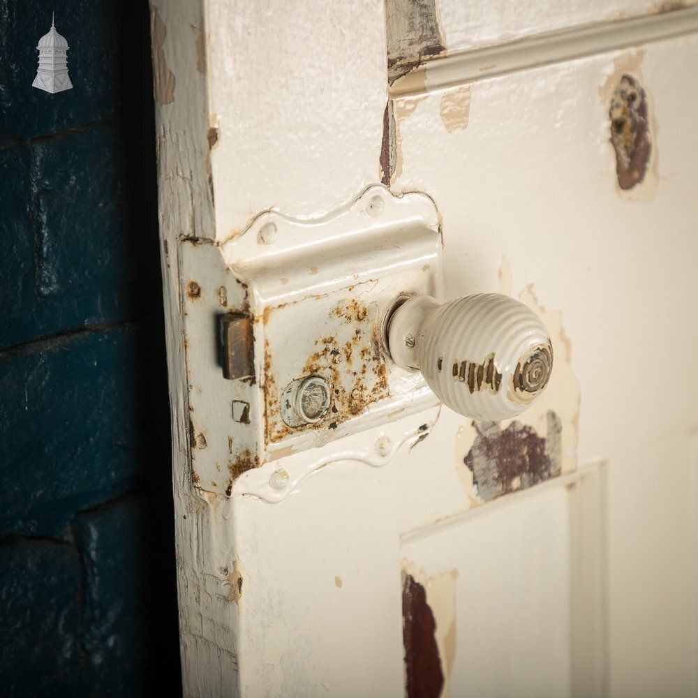 photo vinterior 1930s 4 Panel Door – Distressed White, Beehive Handles, Original Locks & Hinges