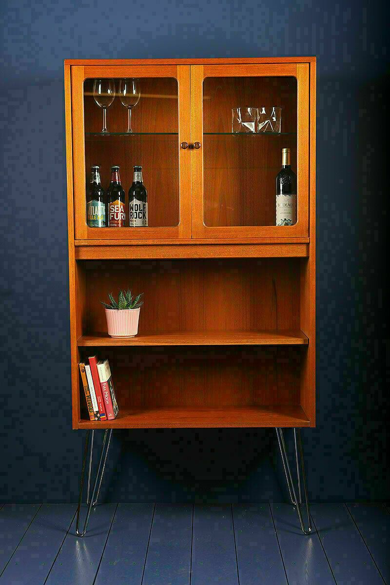 G Plan Fresco Tall Drinks Glass Display Cabinet On Hairpin Legs 1970s