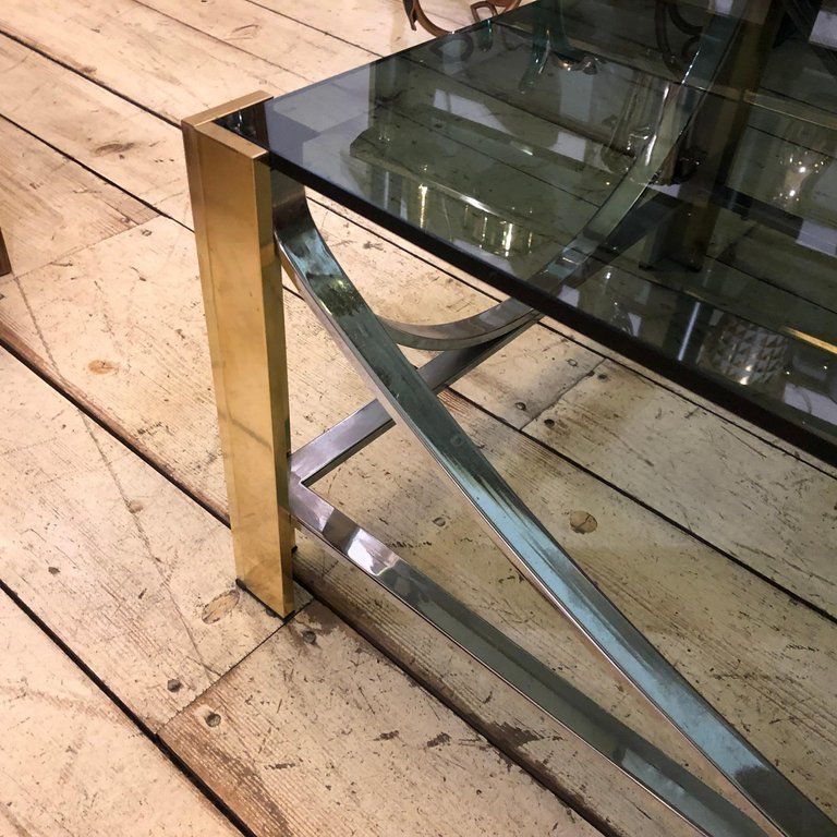 Mid Century Modern Italian Brass, Steel And Smoked Glass Coffee Table, 1970 photo furniture