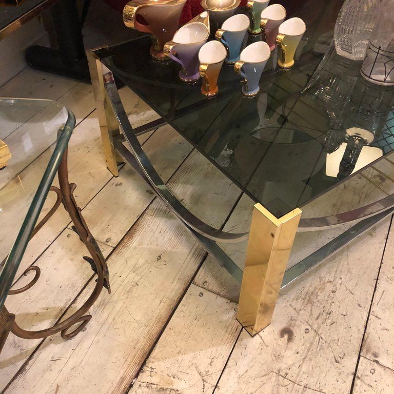 Mid Century Modern Italian Brass, Steel And Smoked Glass Coffee Table, 1970 photo vinterior