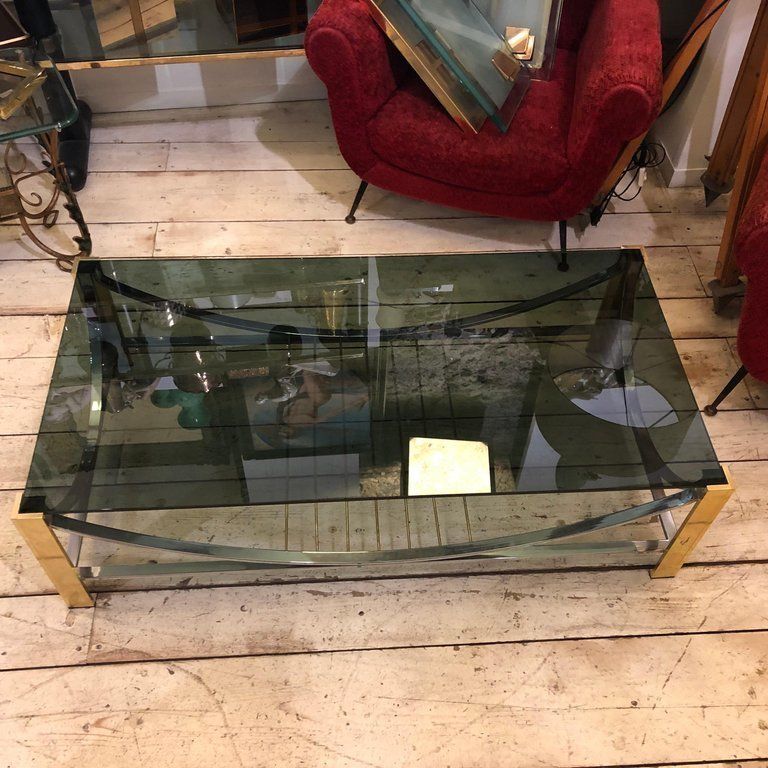 photo furniture Mid Century Modern Italian Brass, Steel And Smoked Glass Coffee Table, 1970