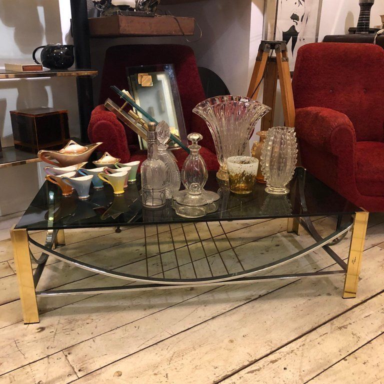 Furniture Mid Century Modern Italian Brass, Steel And Smoked Glass Coffee Table, 1970 photo