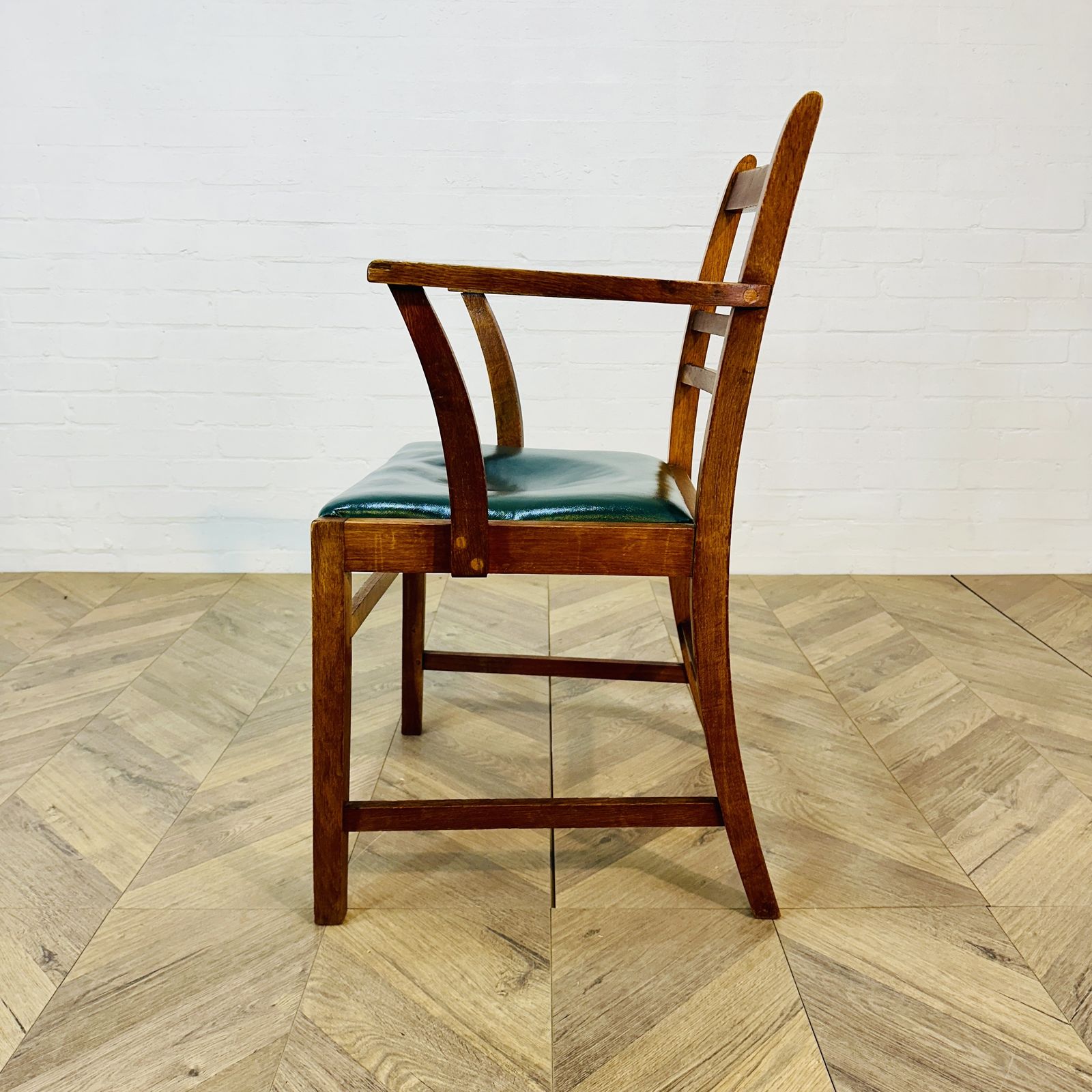 photo furniture Mid Century Oak + Leather Former Clerks Chair, Stamped 1952