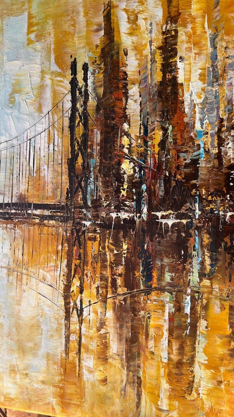Textured Oil Painting On Canvas – Abstract Cityscape With Bridge photo 149.0