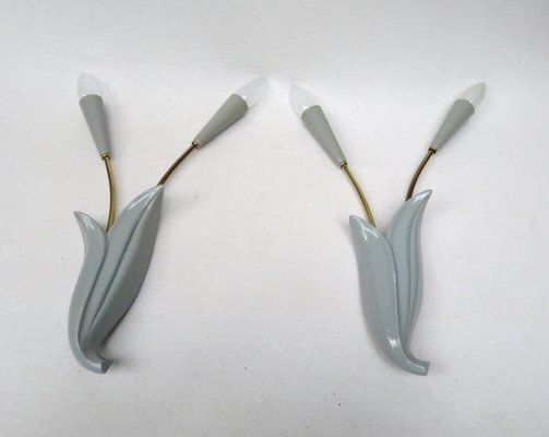 Floral Wall Lights In Brass & Aluminum, Ott Leuchten, 1950s, Set Of 2 photo for sale