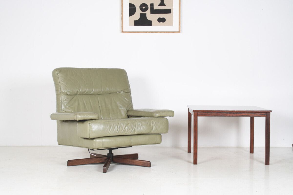 Danish Mid Century 1960s Sage Green Leather Swivel Lounge Chair With Tilt