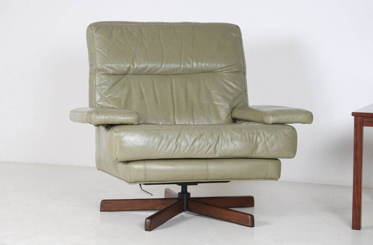 Danish Mid Century 1960s Sage Green Leather Swivel Lounge Chair With Tilt photo buy