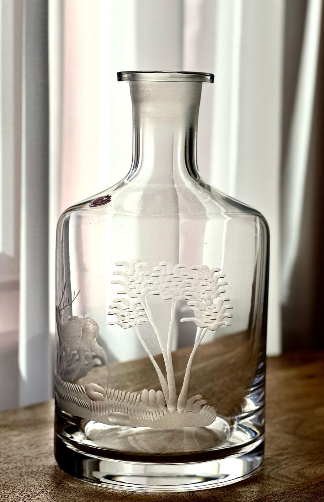 Romanian Engraved Glass Decanter – Stag & Forest Scene, 27cm photo vintage