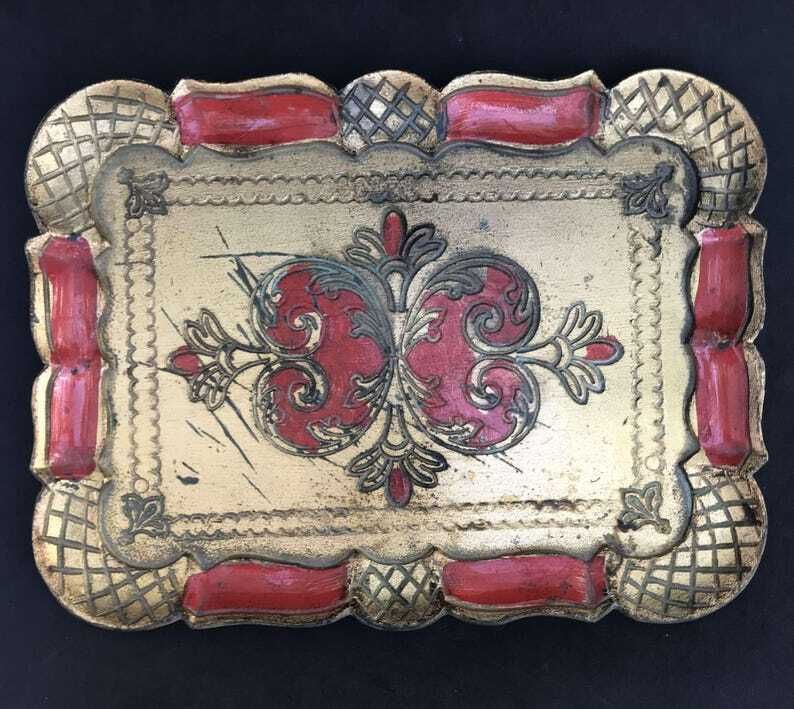 Florentine Golden Rectangular Small Tray, Red And Gilt, Old Italian 60s Tray Florentine Style Handmade Decorated Serving Tray Gift Vanity photo furniture
