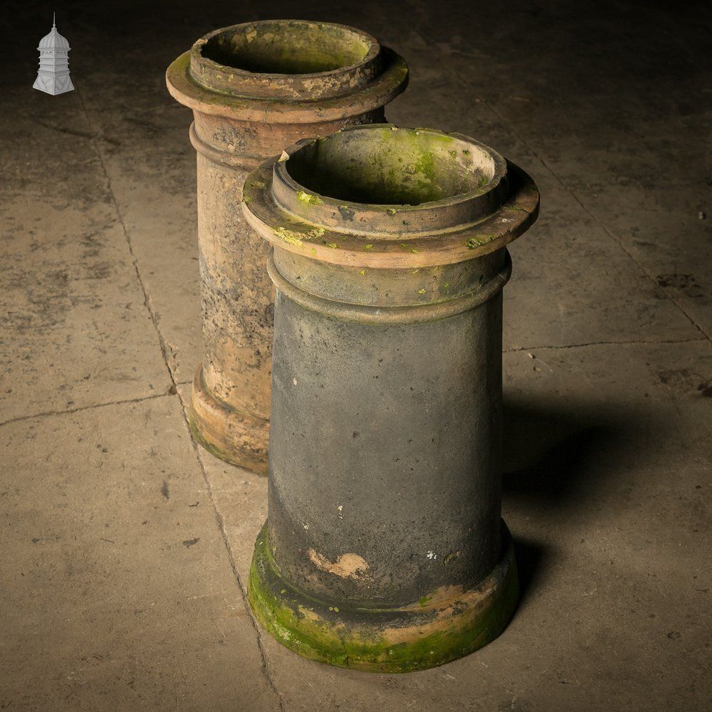 Cannon Head Chimney Pots Pair, Weathered Garden Planters photo 342.0