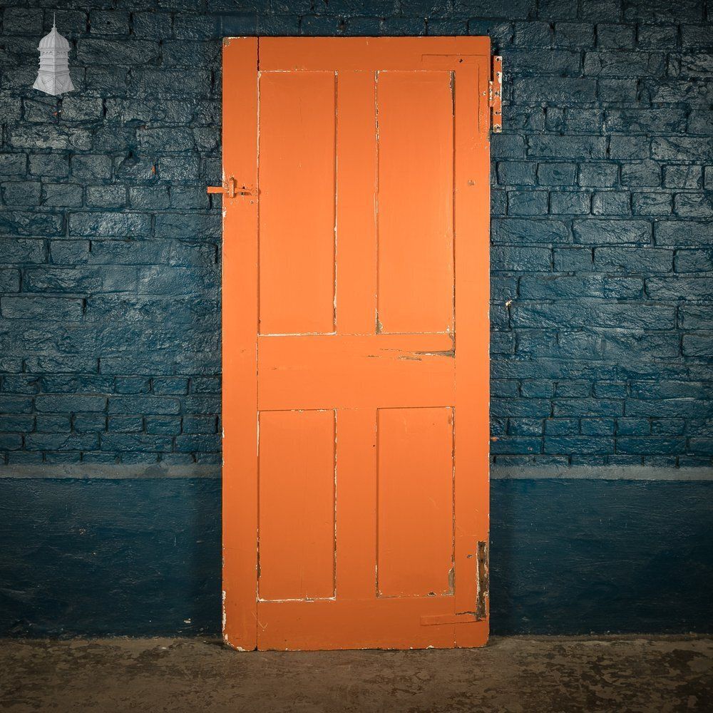 Reclaimed 4 Panel Door – Distressed Orange & Black Paint, Suffolk Latch