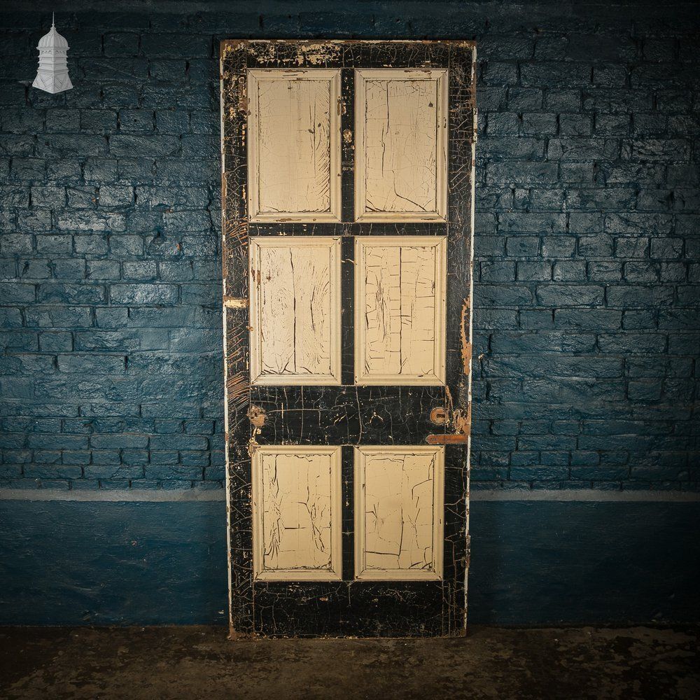 Reclaimed 6 Panel Door – Black & Cream Paint, Faux Wood Grain, Distressed Finish
