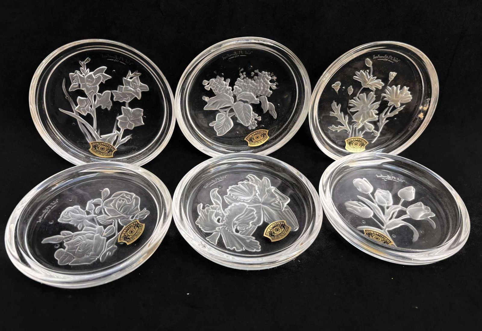 Set Of 6 Crystal Coasters From Val Saint Lambert Made In Belgium, Intaglio Crystal Flowers Crystal Cut, Crystal Relief, Bar Accessories photo furniture