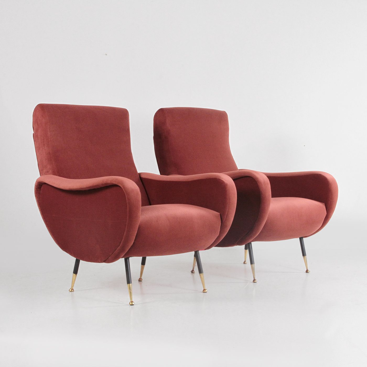Pair Of Lady Style Armchairs By Marco Zanuso, In Brick Red Velvet, 1960