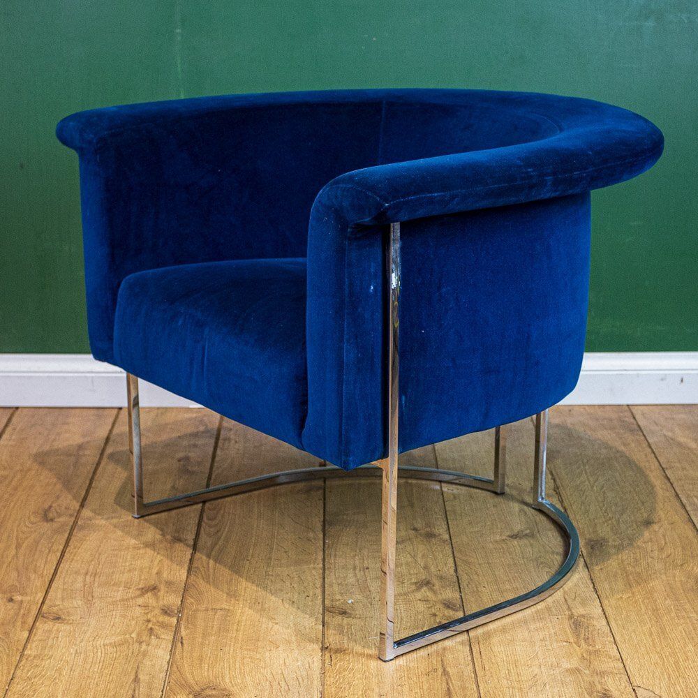 Chrome Framed Barrel Back Blue Tub Armchair photo vinterior