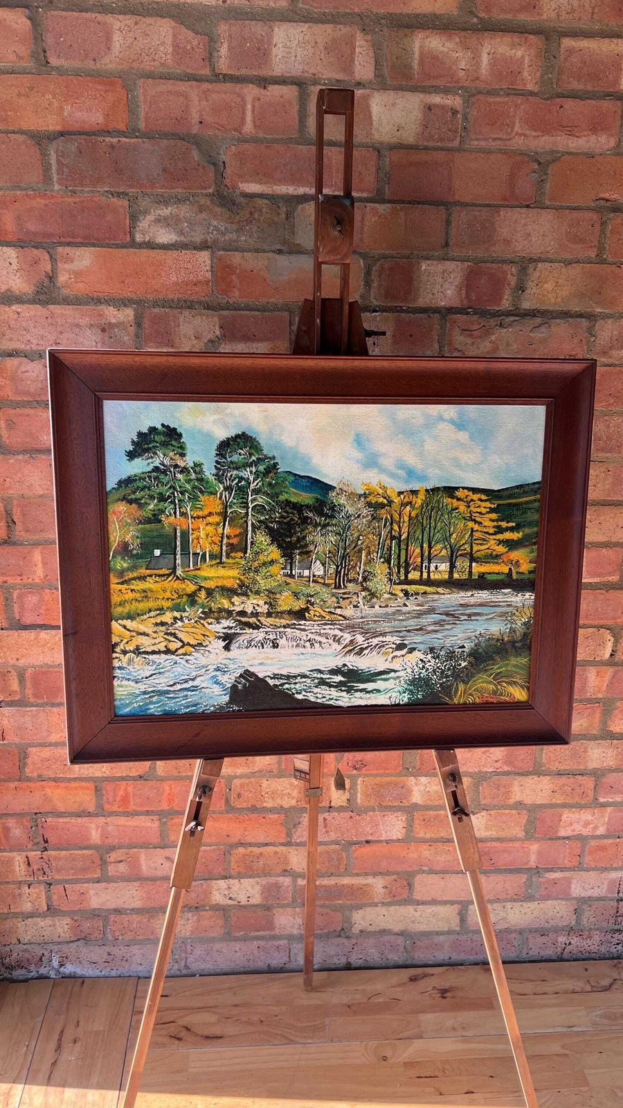 Framed Mid Century Oil Painting By H. Hood – Scenic River Landscape photo furniture