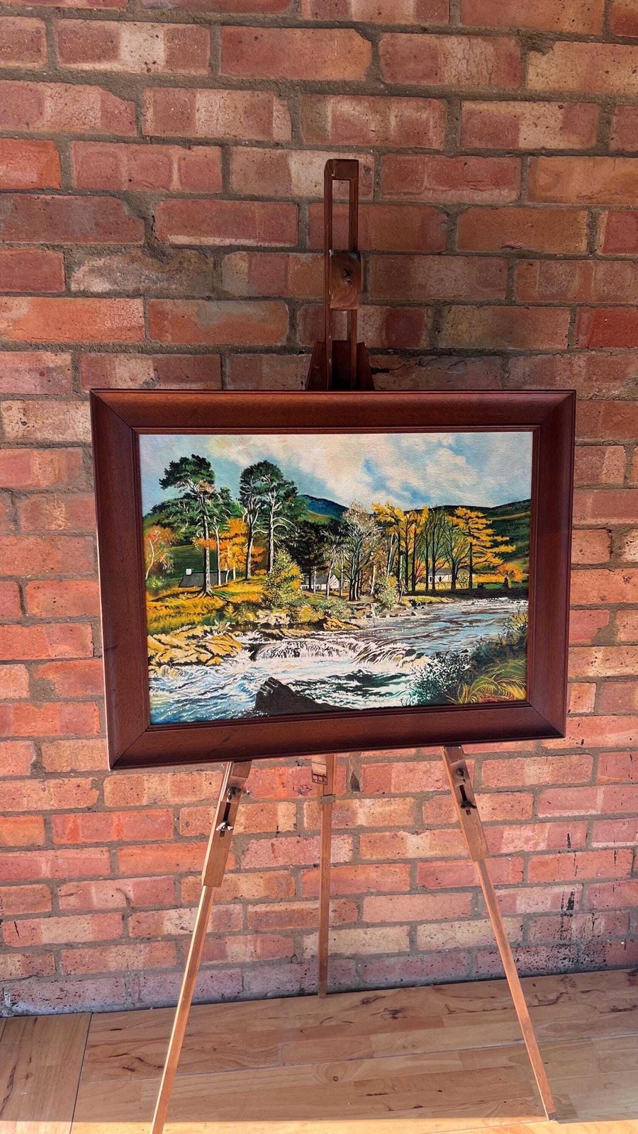 photo for sale Framed Mid Century Oil Painting By H. Hood – Scenic River Landscape