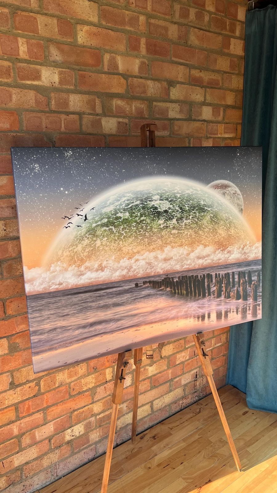 Large Modern Sci Fi Digital Art Print On Stretched Canvas – Surreal Seascape With Planets
