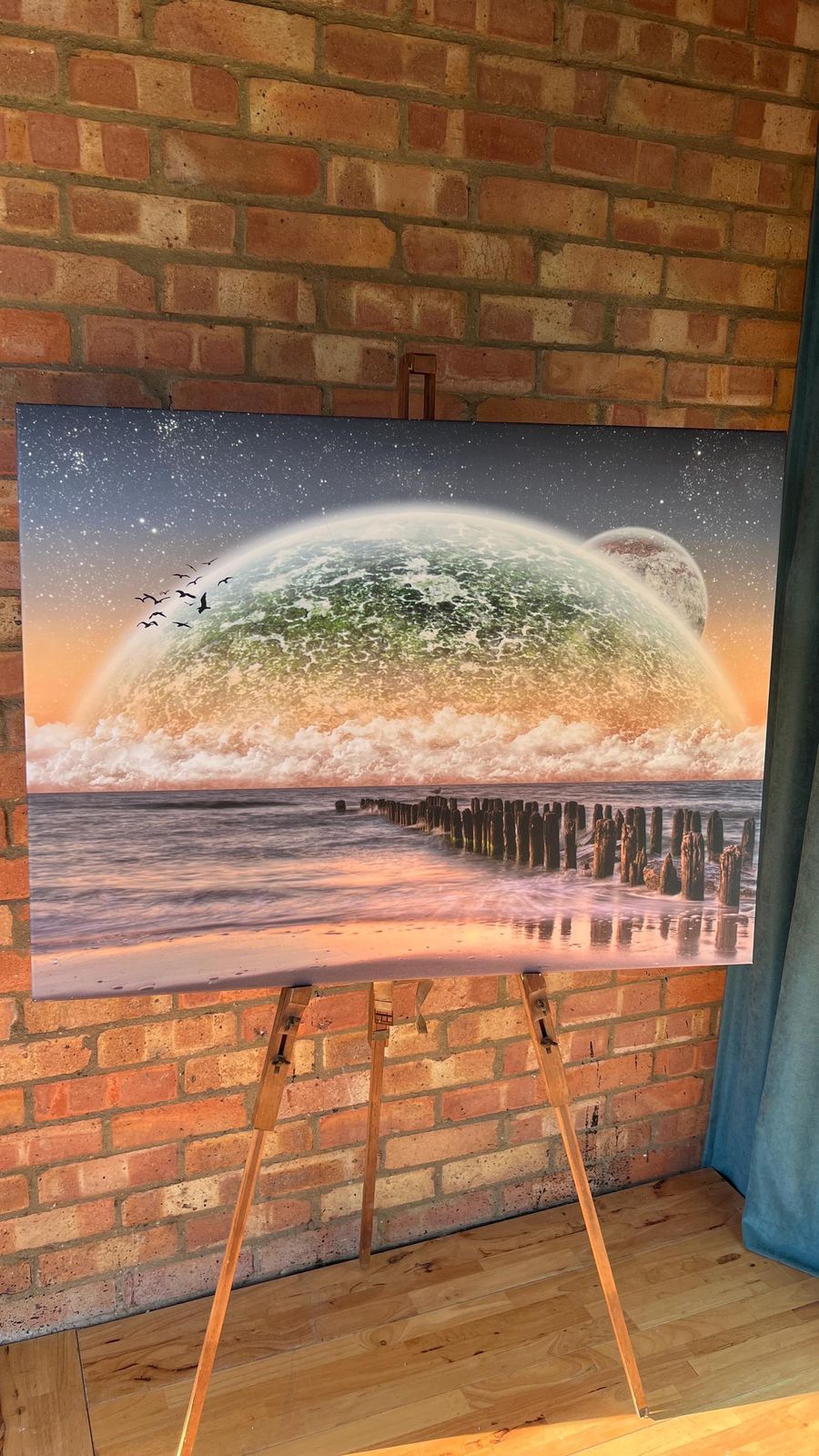 Large Modern Sci Fi Digital Art Print On Stretched Canvas – Surreal Seascape With Planets photo furniture