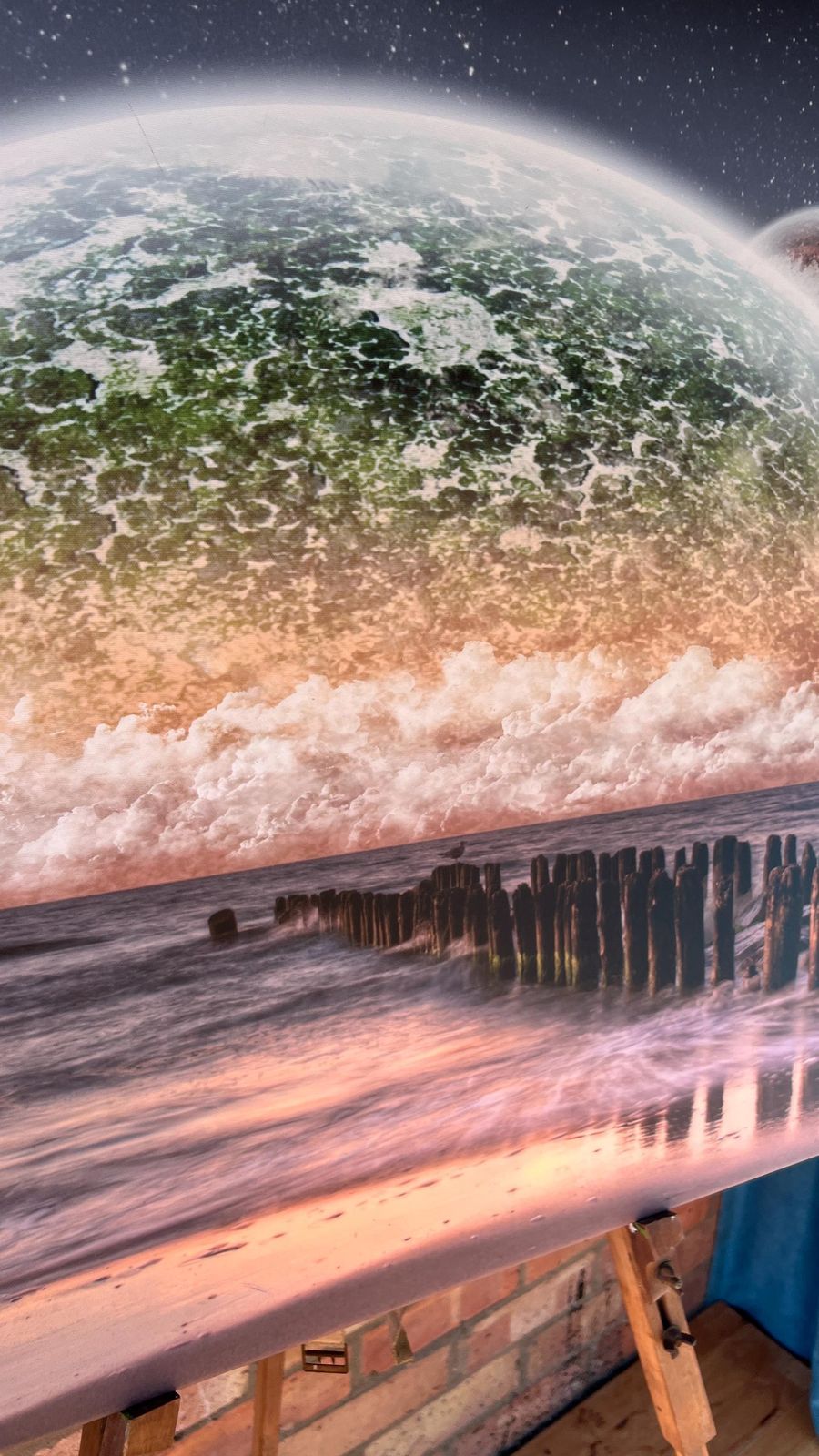 Large Modern Sci Fi Digital Art Print On Stretched Canvas – Surreal Seascape With Planets photo for sale