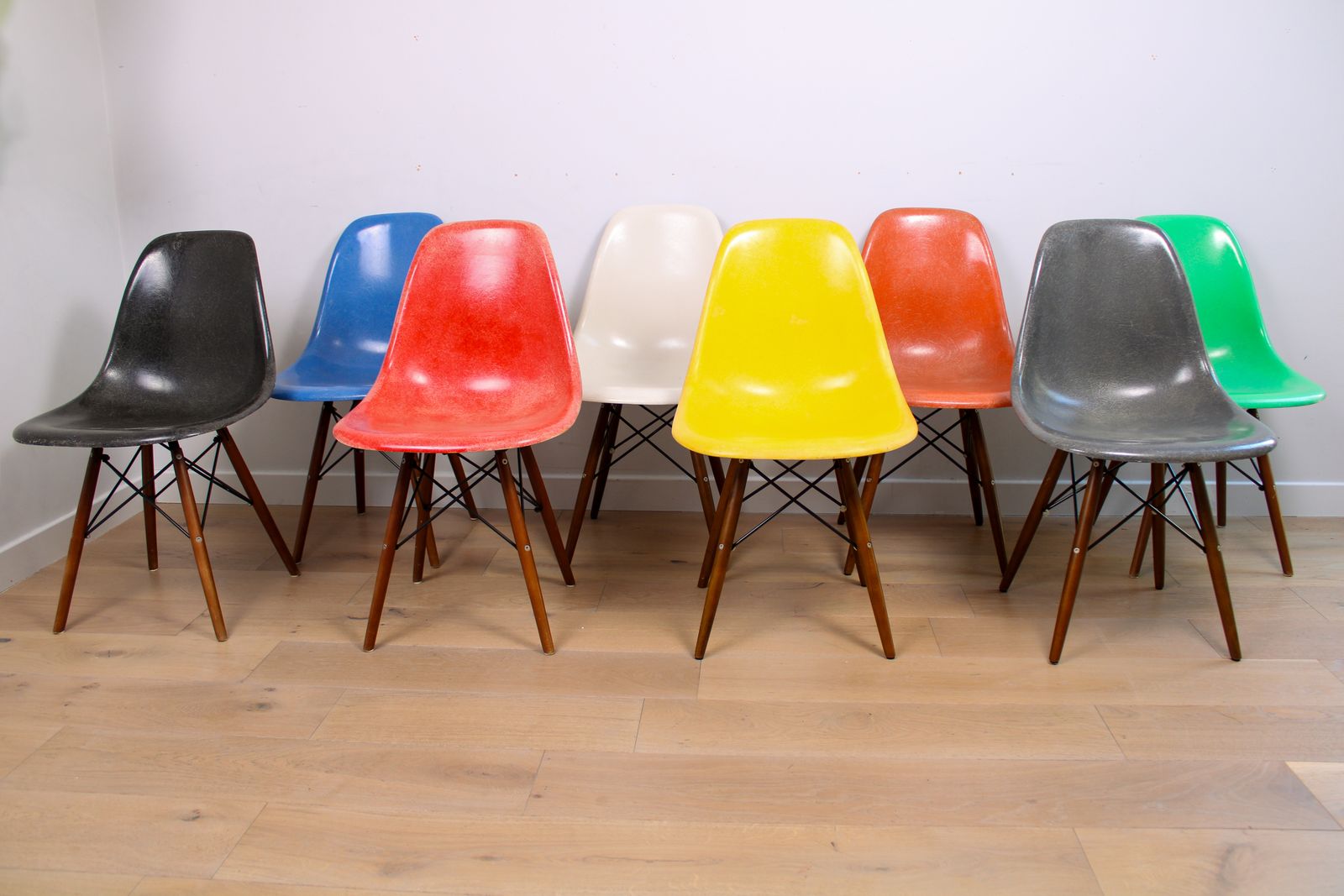 photo for sale A Mixed (Harlequin) Set Of 8 Original Herman Miller Fiberglass Eames Dsw Chairs