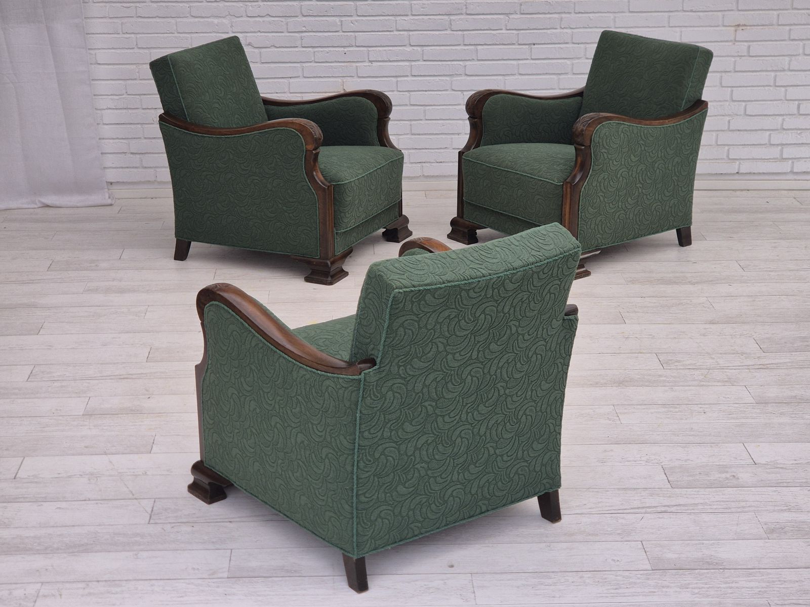 Ca. Jaren 1950, Deense Relaxstoel, Groene Meubelmix Wollen Stof, Beukenhout. photo vintage