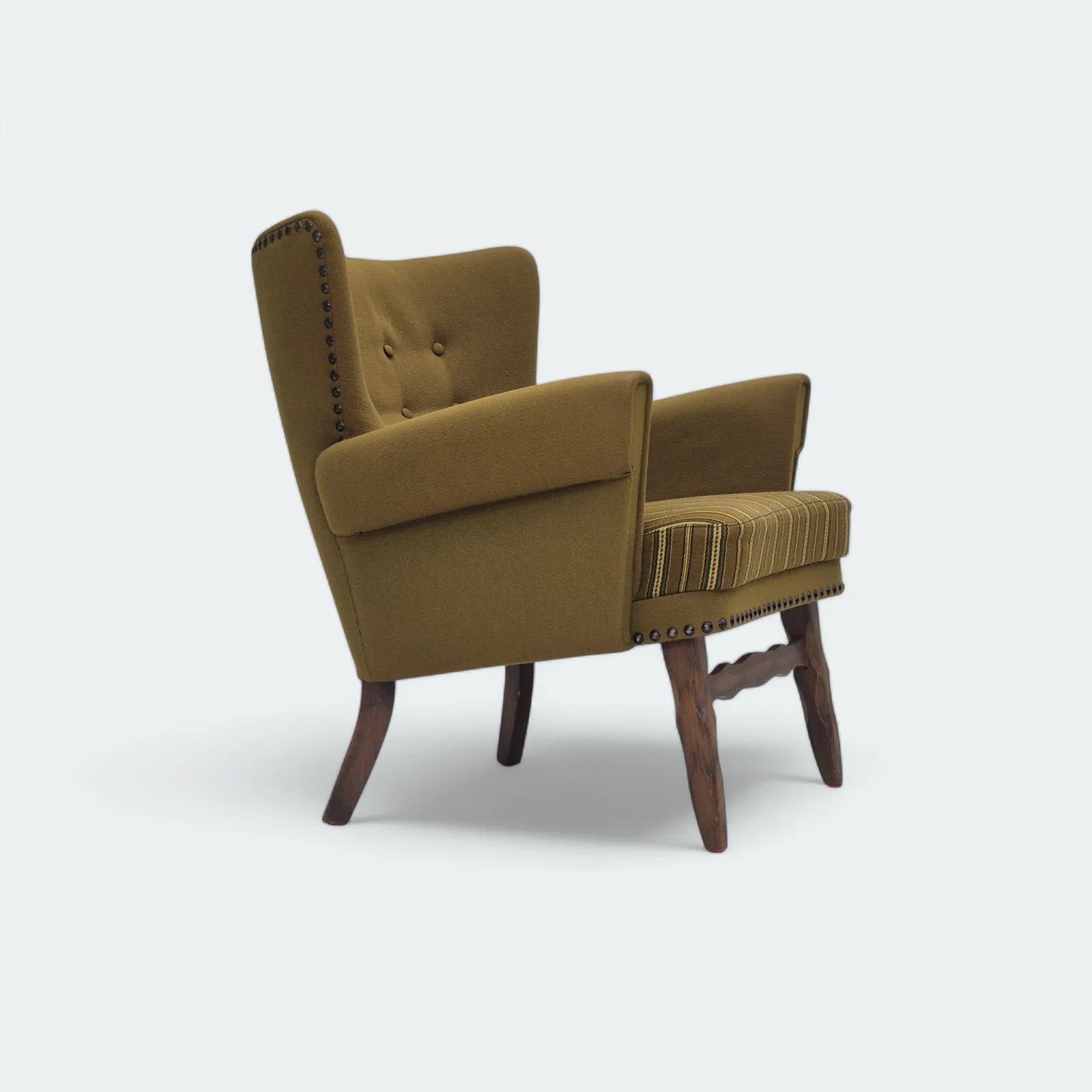 1970s, Danish Lounge Chair, Original Green Furniture Wool, Oak Wood.