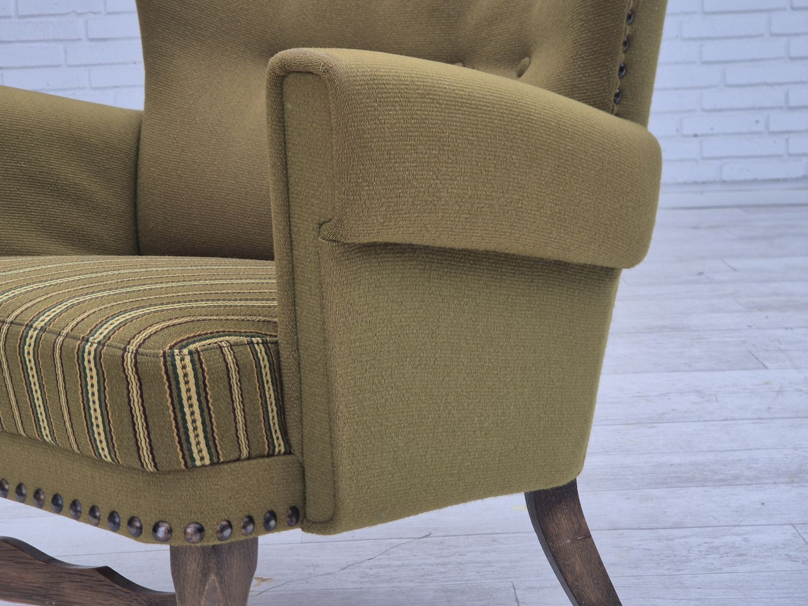 1970s, Danish Lounge Chair, Original Green Furniture Wool, Oak Wood. photo Furniture