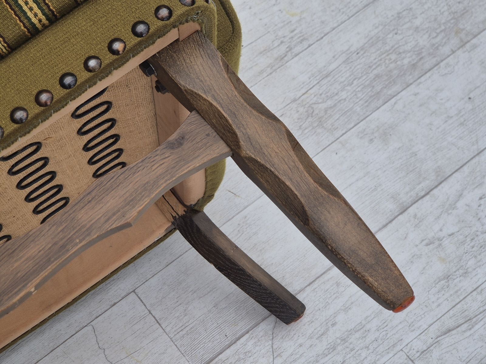 1970s, Danish Lounge Chair, Original Green Furniture Wool, Oak Wood. photo vinterior