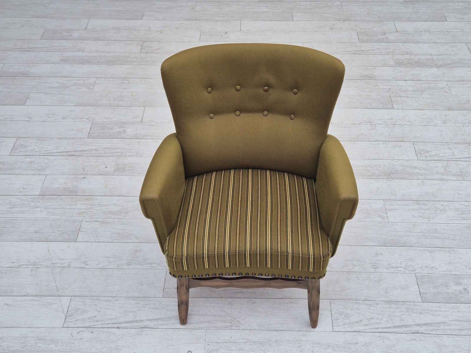 1970s, Danish Lounge Chair, Original Green Furniture Wool, Oak Wood. photo vintage