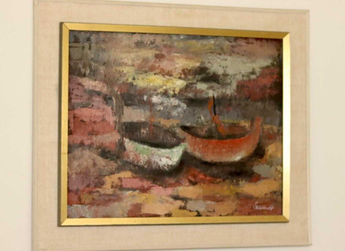 Original Swedish Mid Century Oil On Canvas Painting "Boats" By örnstedt   Vintage & Framed photo furniture