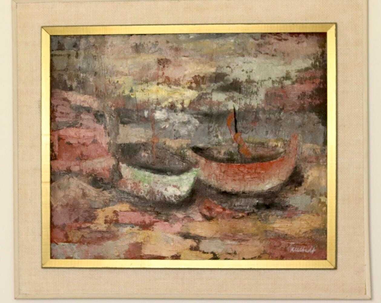 Original Swedish Mid Century Oil On Canvas Painting "Boats" By örnstedt   Vintage & Framed photo buy